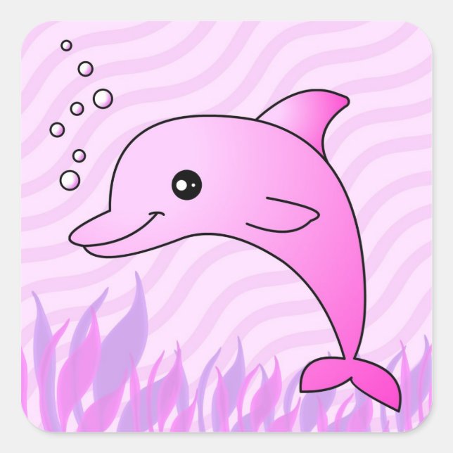 Cute Pink Dolphin in Pink Water Square Sticker (Front)