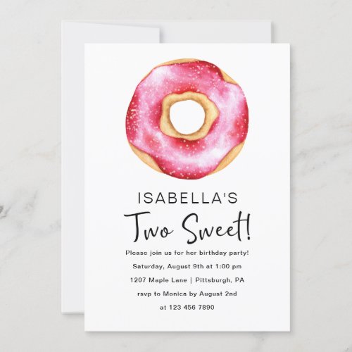 Cute Pink Donut 2nd Birthday Party Invitation