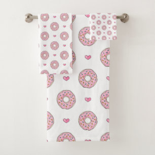 Cute Pink Donut and Hearts Pattern Bath Towel Set