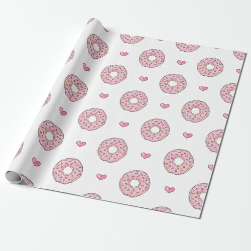 Cute Pink Donut and Hearts Pattern Wrapping Paper