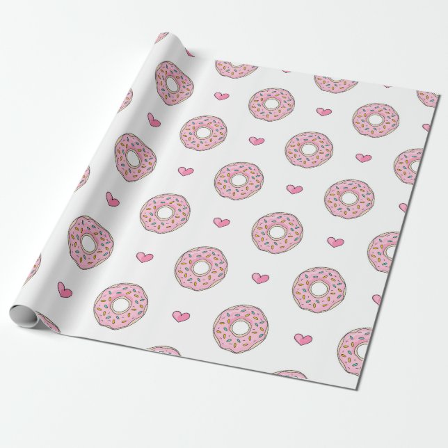 Cute Pink Donut and Hearts Pattern Wrapping Paper (Unrolled)