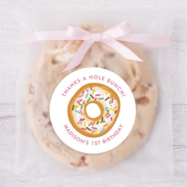 Cute Pink Donut Birthday Party Favor Classic Round Sticker (Creator Uploaded)