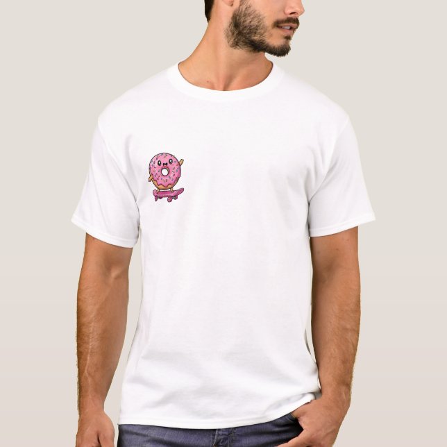 Cute Pink Donut Cartoon Character Riding T-Shirt (Front)