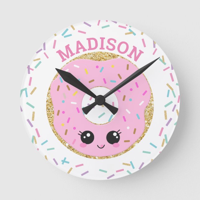 Cute Pink Donut Donut Sprinkles Girls Room Round Clock (Front)