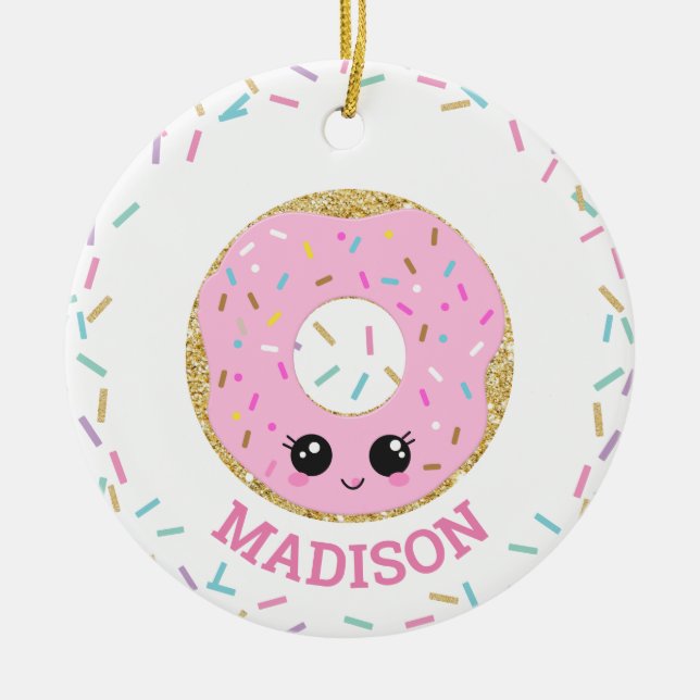 Cute Pink Donut Doughnut with Name Ceramic Ornament (Front)