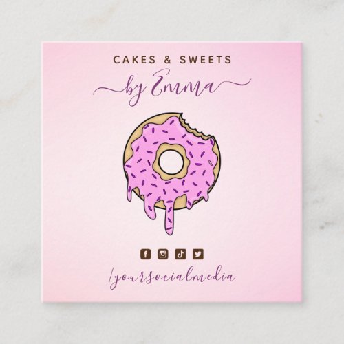 Cute Pink Donut Dripping Confetti Bakery Dessert Square Business Card