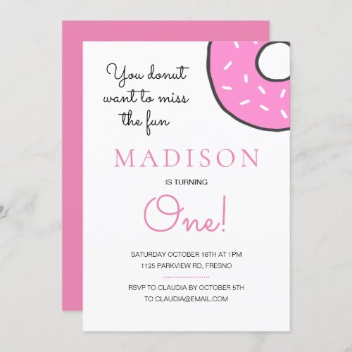 Cute Pink Donut Girl Turning One First Birthday Invitation