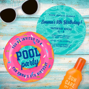 Cute Pink Donut Inner Tube Pool Party Birthday Invitation