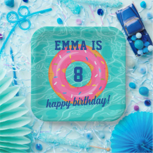 Cute Pink Donut Inner Tube Pool Party Birthday Paper Plates