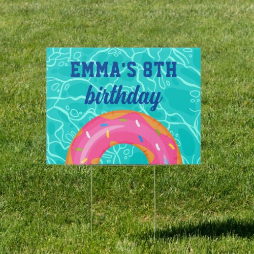 Cute Pink Donut Inner Tube Pool Party Birthday Sign