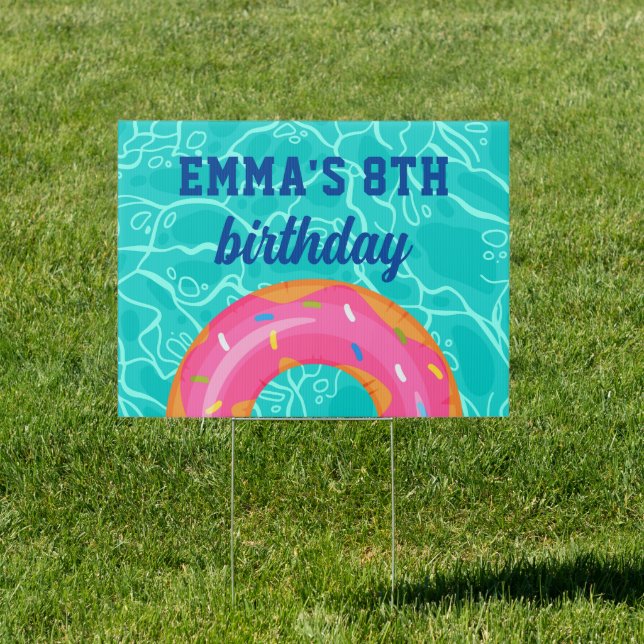 Cute Pink Donut Inner Tube Pool Party Birthday Sign (Insitu)