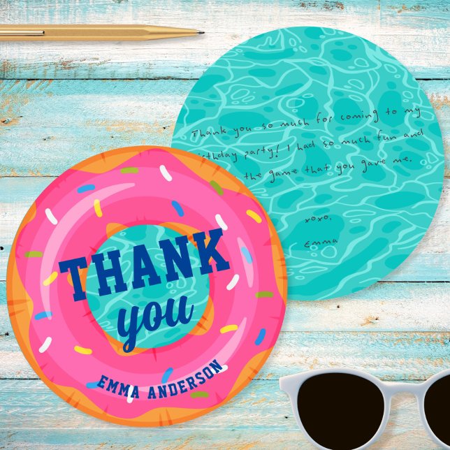 Cute Pink Donut Inner Tube Pool Party Birthday Thank You Card (Creator Uploaded)
