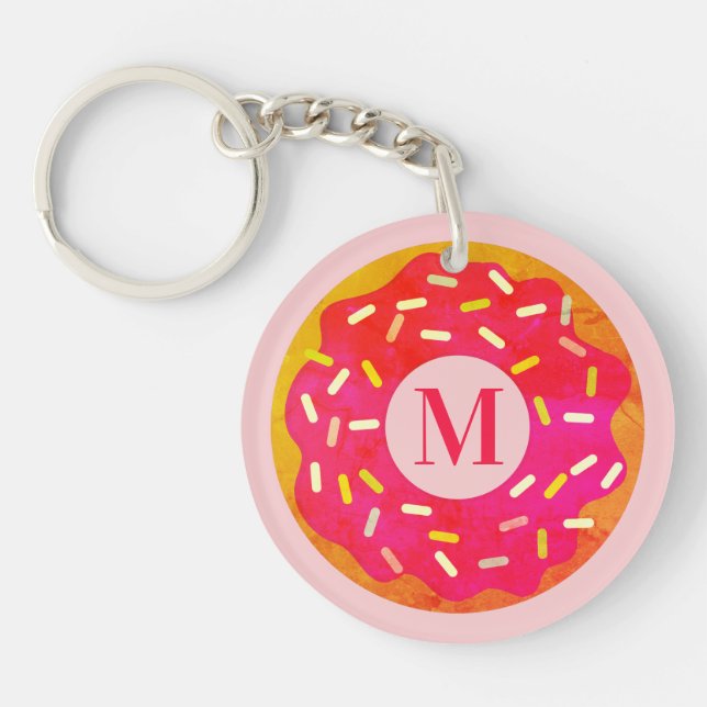 Cute pink donut keychain with custom name monogram (Front)