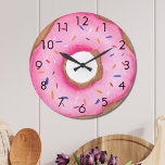 Cute Pink Donut Large Clock<br><div class="desc">This cute fun wall clock is decorated with a watercolor pink donut with sprinkles.
The perfect gift for a donut lover!
Original Watercolor © Michele Davies.</div>