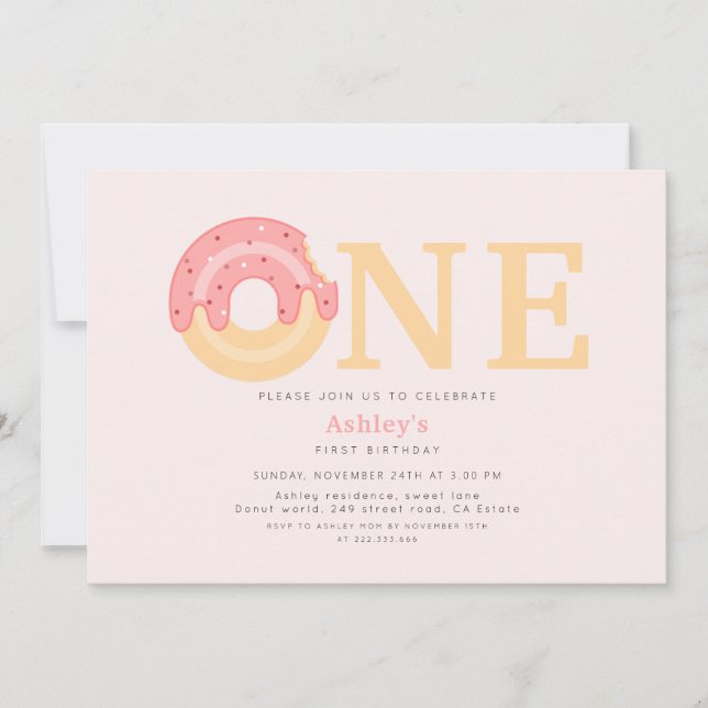 Cute Pink Donut One 1st Birthday  Invitation (Front)
