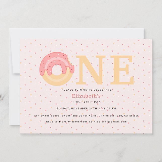 Cute Pink Donut One Sprinkle  1st Birthday   Invitation (Front)