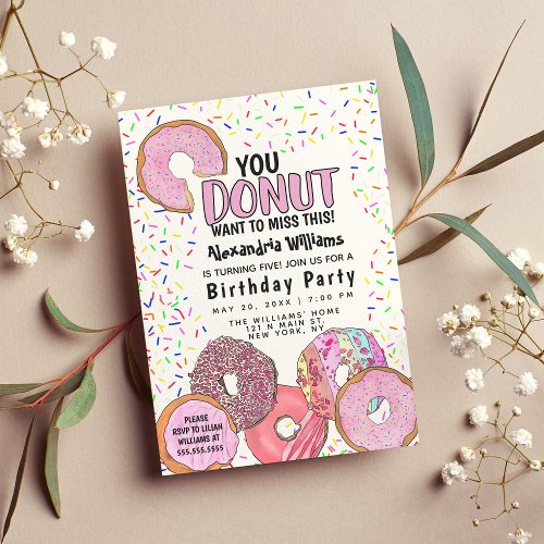 Cute Pink Donut Sprinkle Confetti Birthday Party Invitation