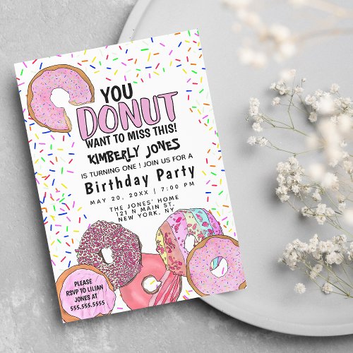 Cute Pink Donut Sprinkle Confetti Birthday Party Invitation