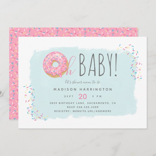 Cute Pink Donut Sprinkle Modern Oh Baby Shower Invitation (Front/Back)