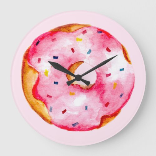 Cute Pink Donut Watercolor Rainbow Sprinkles Girly Large Clock