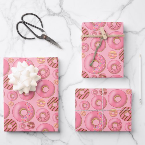 Cute Pink Donuts Assorted Pattern Wrapping Paper Sheets