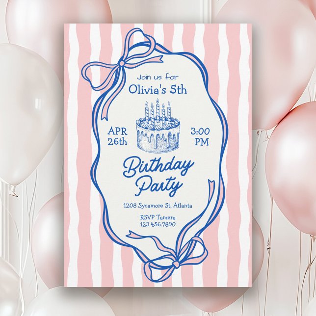 Cute Pink Doodle Frame and Bows 5th Birthday Invitation (Available in both printed and instant download digital formats.)