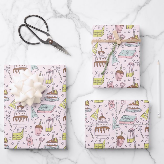 Cute Pink Doodle Hand Drawn Birthday Wrapping Paper Sheets (Front)