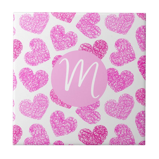 Cute Pink Doodled Heart Valentine's Day Monogram Ceramic Tile (Front)
