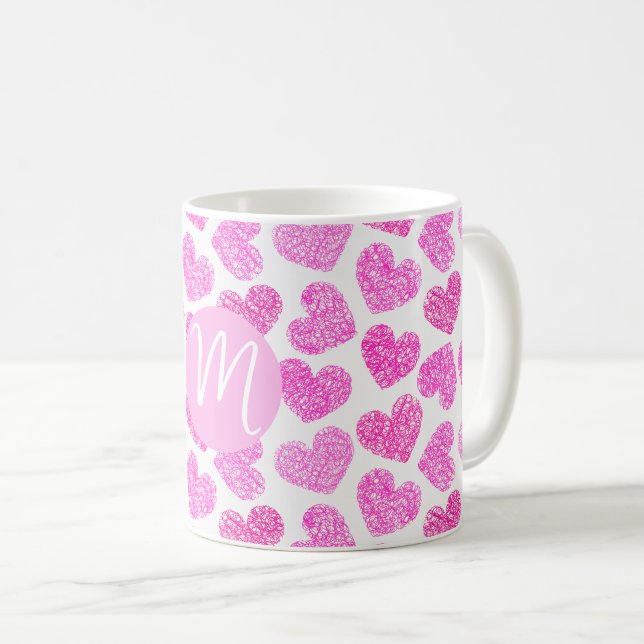 Cute Pink Doodled Heart Valentine's Day Monogram Coffee Mug (Front Right)