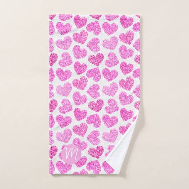 Cute Pink Doodled Heart Valentine's Day Monogram Hand Towel (Hand Towel)