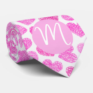 Cute Pink Doodled Heart Valentine's Day Monogram Neck Tie