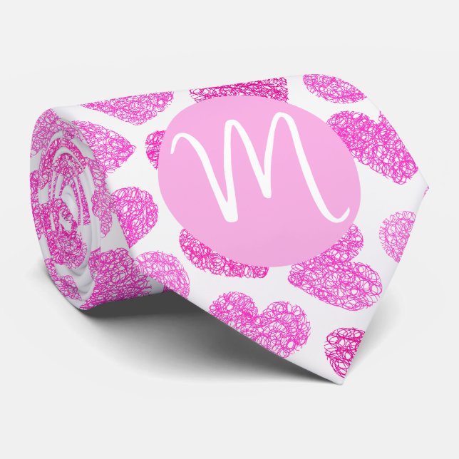 Cute Pink Doodled Heart Valentine's Day Monogram Neck Tie (Rolled)