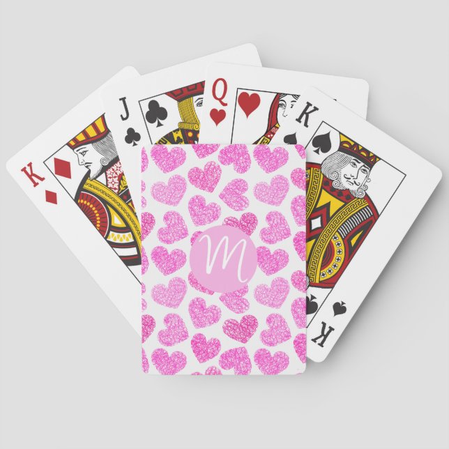 Cute Pink Doodled Heart Valentine's Day Monogram Poker Cards (Back)