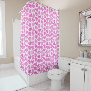 Cute Pink Doodled Heart Valentine's Day Monogram Shower Curtain