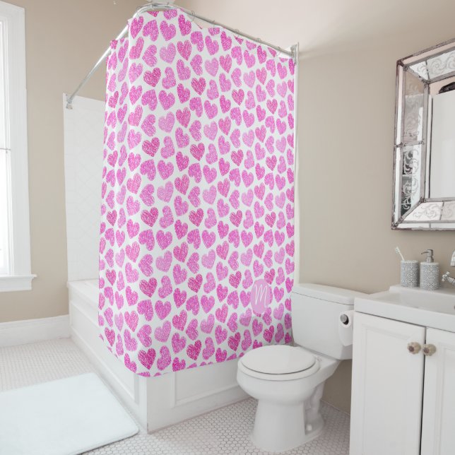 Cute Pink Doodled Heart Valentine's Day Monogram Shower Curtain (In Situ)
