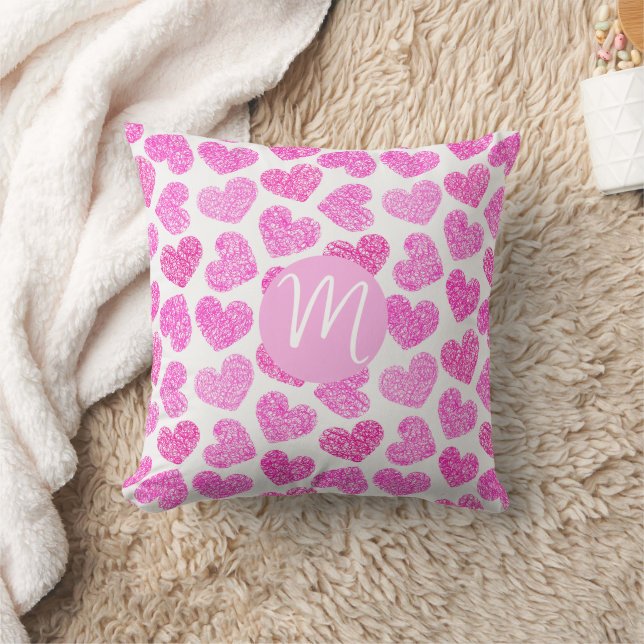 Cute Pink Doodled Heart Valentine's Day Monogram Throw Pillow (Blanket)