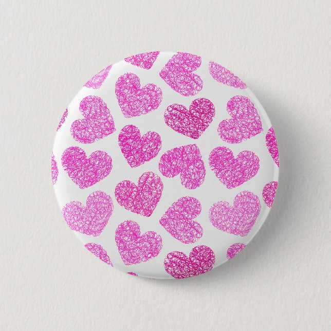Cute Pink Doodled Heart Valentine's Day Pattern Button (Front)