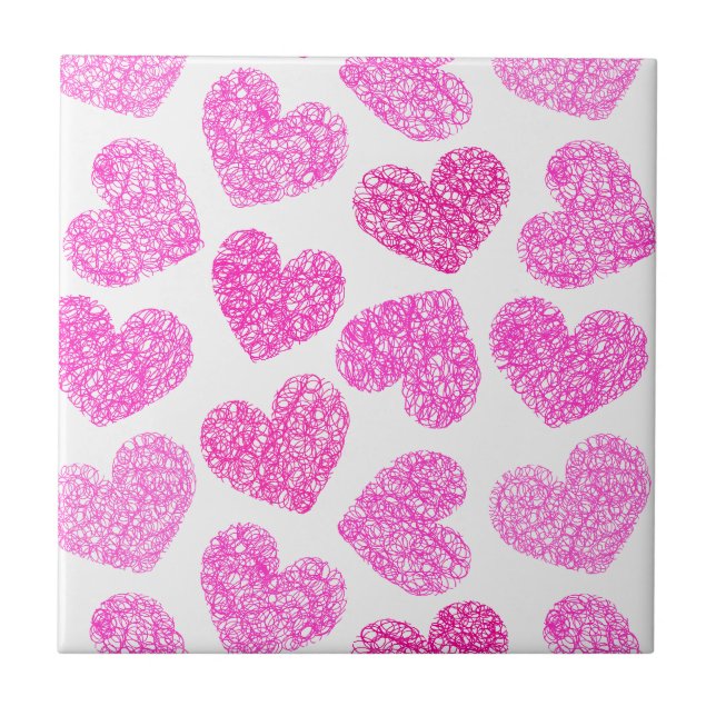 Cute Pink Doodled Heart Valentine's Day Pattern Ceramic Tile (Front)