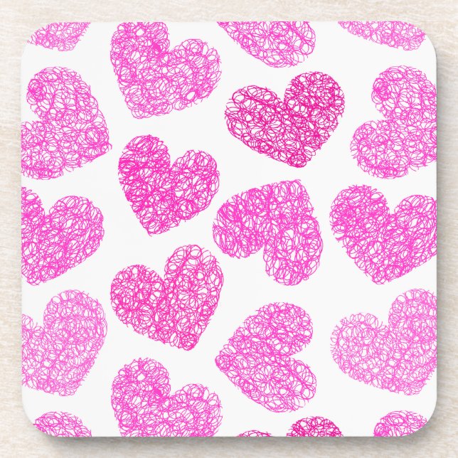 Cute Pink Doodled Heart Valentine's Day Pattern Drink Coaster (Front)