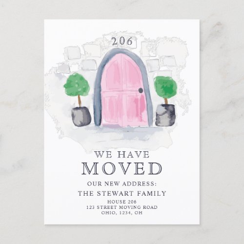 Cute pink door watercolor new home moving announcement postcard