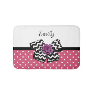 Cute Pink Dots Purple Rose Chevron Bow and Name Bathroom Mat
