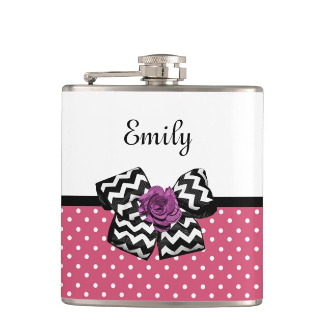 Cute Pink Dots Purple Rose Chevron Bow and Name Flask (Front)