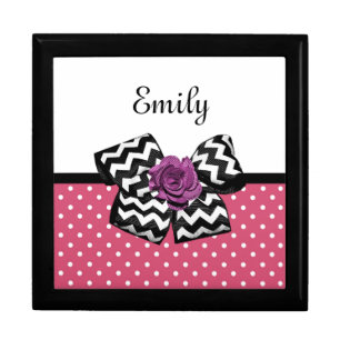Cute Pink Dots Purple Rose Chevron Bow and Name Jewelry Box