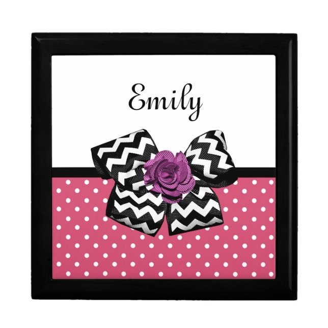 Cute Pink Dots Purple Rose Chevron Bow and Name Jewelry Box (Front)