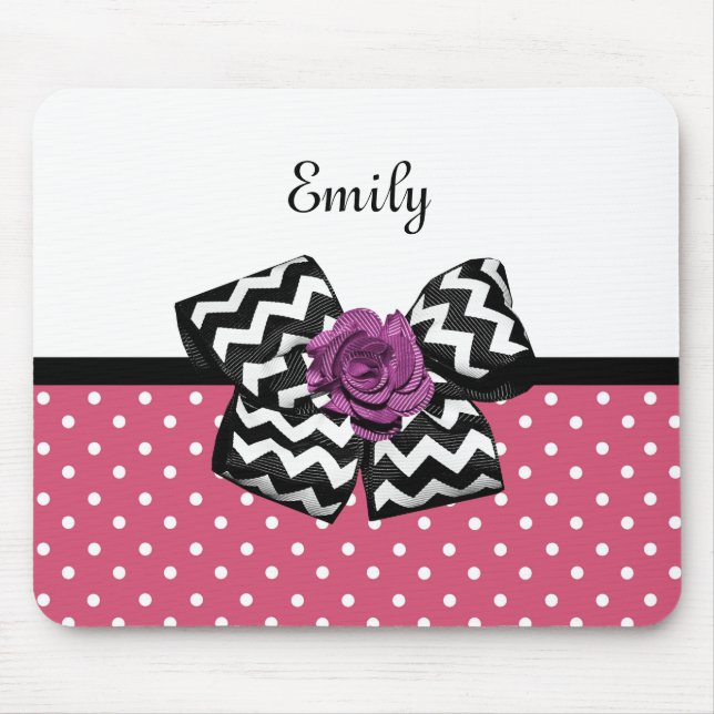 Cute Pink Dots Purple Rose Chevron Bow and Name Mouse Pad (Front)