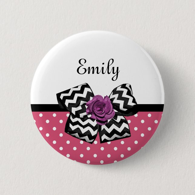 Cute Pink Dots Purple Rose Chevron Bow and Name Pinback Button (Front)