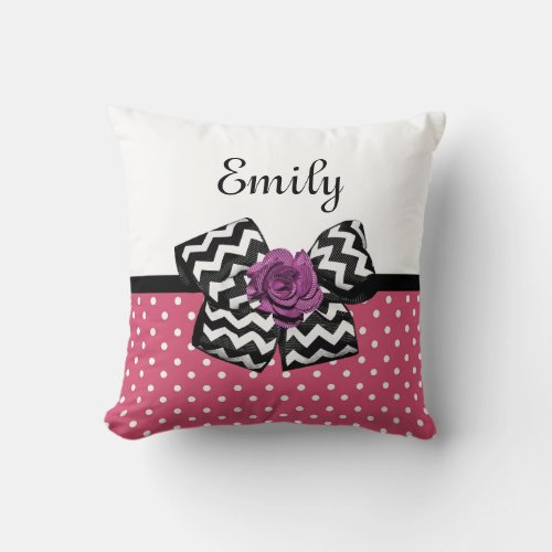 Cute Pink Dots Purple Rose Chevron Bow and Name Throw Pillow