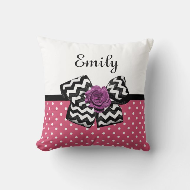 Cute Pink Dots Purple Rose Chevron Bow and Name Throw Pillow (Front)