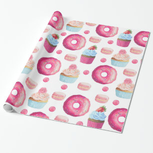 Cute Pink Doughnuts and Cupcakes on White Wrapping Paper