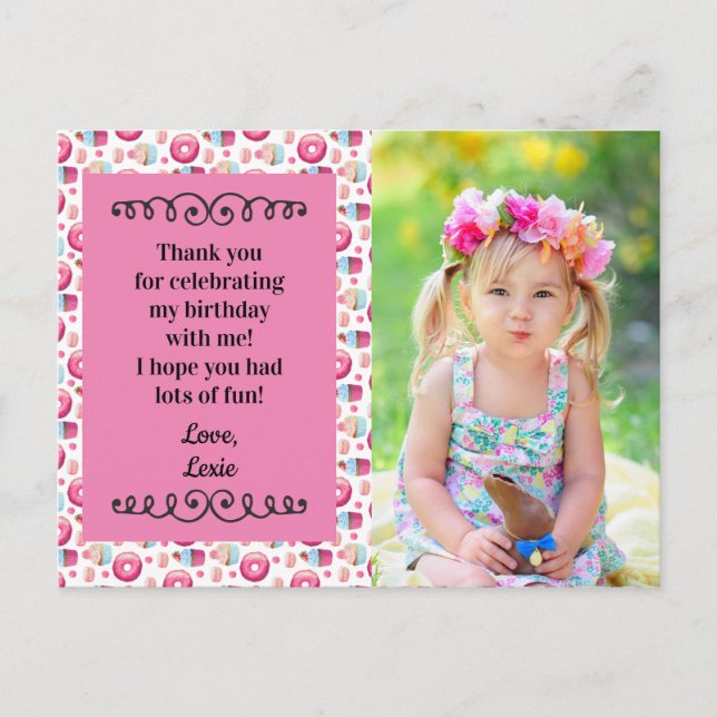 Cute Pink Doughnuts Cupcakes Birthday Thank You Postcard (Front)